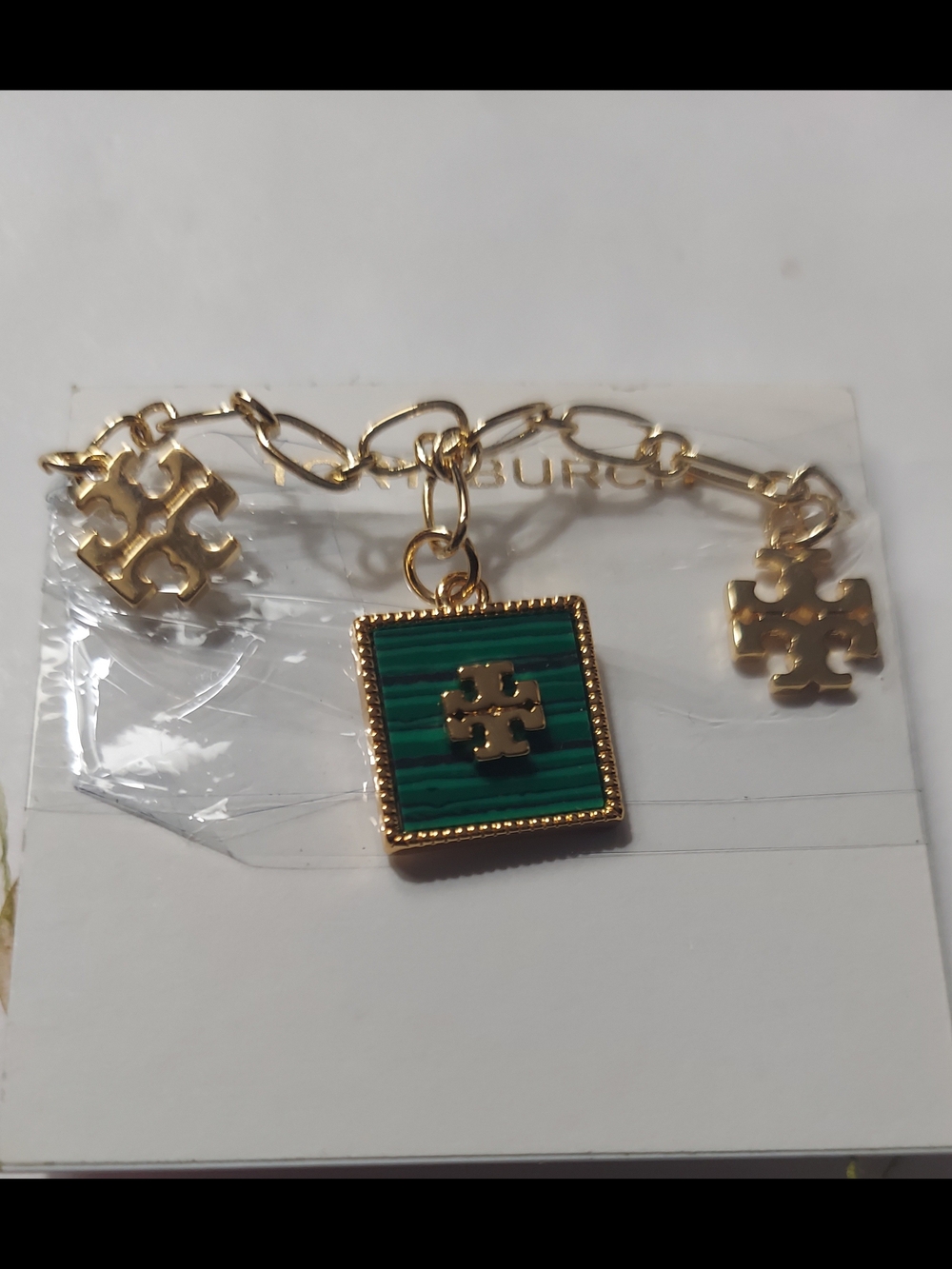 Tory Burch Gold Tone Necklace with Green Enamel Square Charm